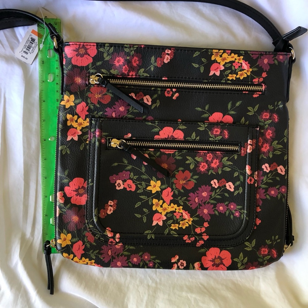 Black Floral Crossbody Bag with Gold Zippers
